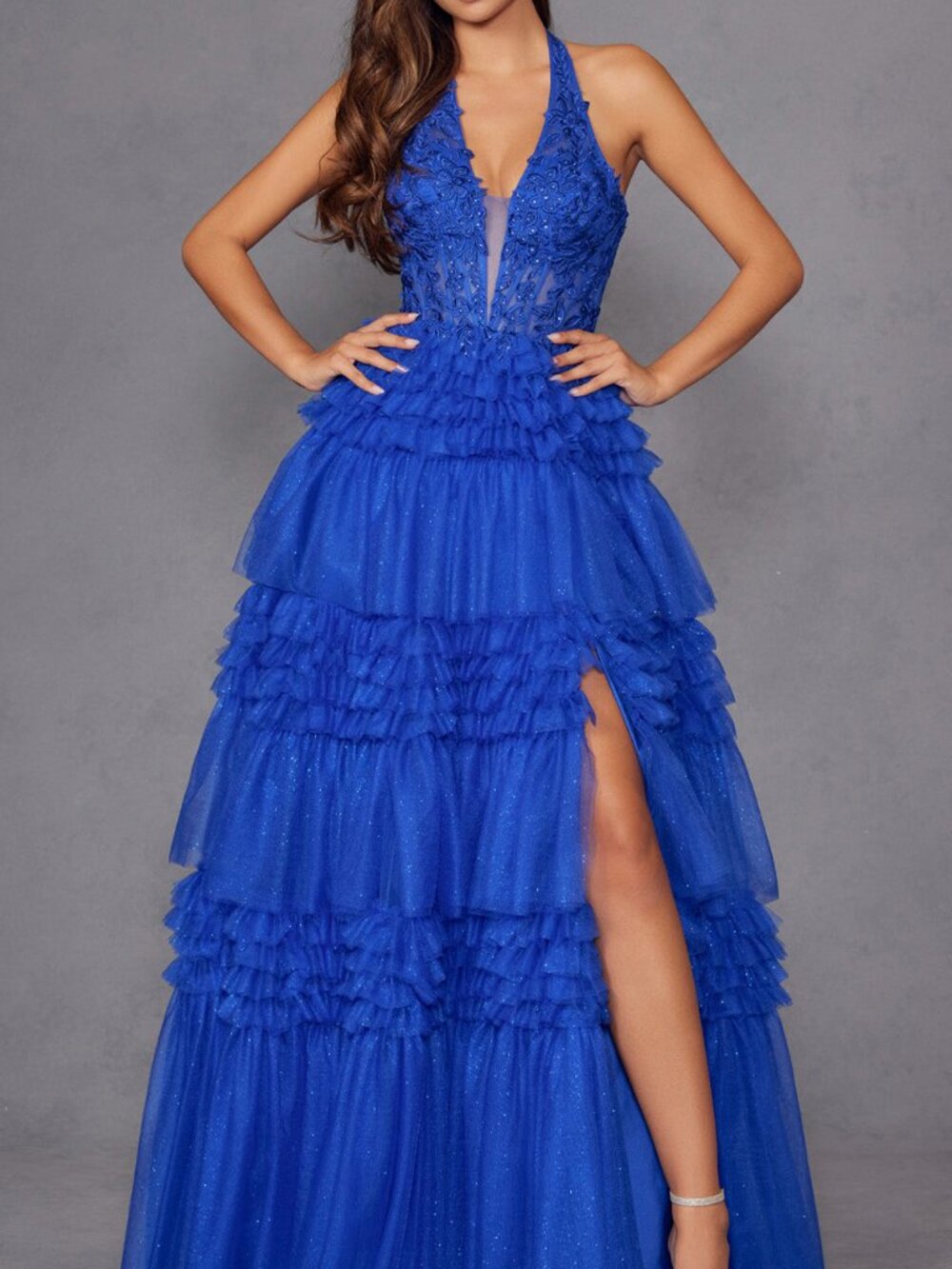 NWT Juliet Dresses JT2556S Prom Halter Ballgown with Slit Royal Blue Size 6